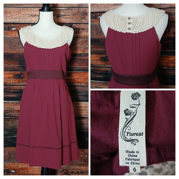 Floreat Anthropologie Dress 6 Retro Raspberry Crochet Yoke Collar Pockets - Picture 1 of 12